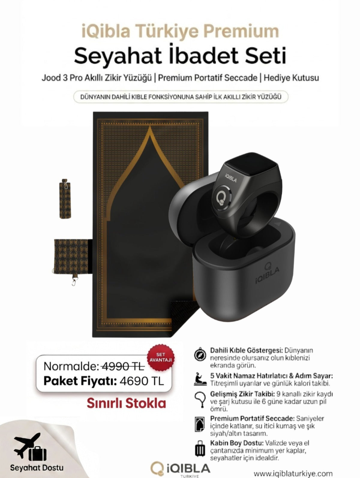 iQibla Seyahat İbadet Seti - Jood Serisi Akıllı Zikir Yüzüğü & Portatif Seccade